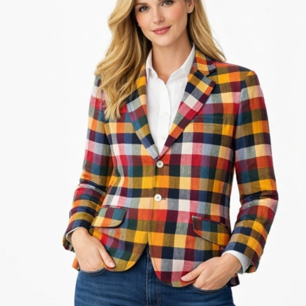 Vintage Women's Cargo Madras Cotton USA Plaid Checkered Blazer #69